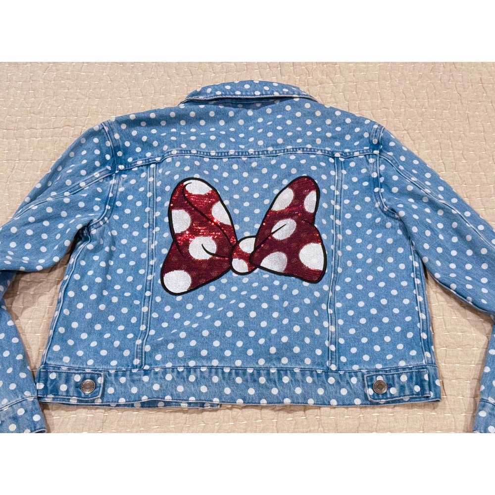 Disney Parks Minnie Mouse Polka Dot Denim Jean Jacket Sequin Bow Women's Small